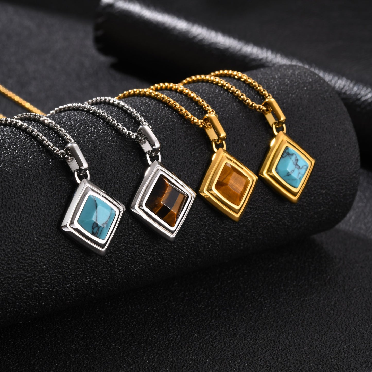 Kemston Tiger Eye Square Pendant Necklace for Men Stainless Steel Geometric Stone Design PN-2436
