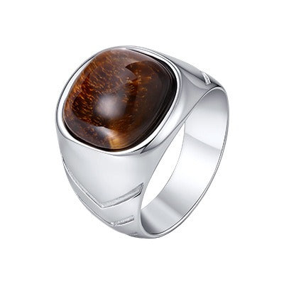 Kemstone Tiger Eye Signet Ring for Men Stainless Steel Oval Silver RC-1070