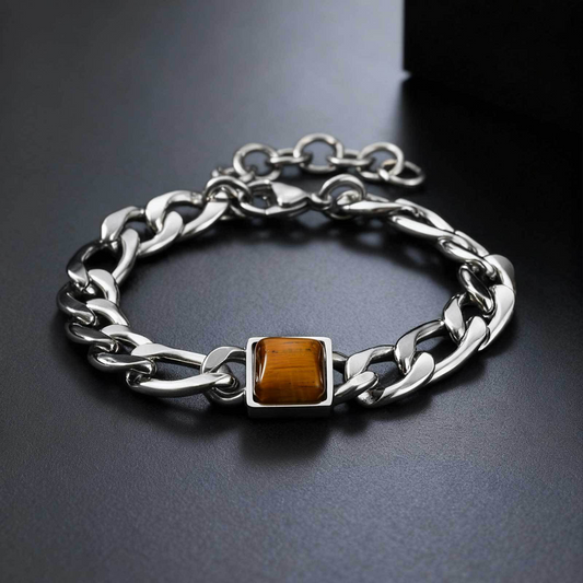 Kemstone Stainless Steel NK Chain Bracelet with Tiger Eye – Bold Link Style for Men BR-2741