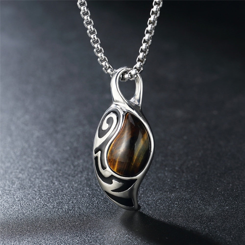 Kemstone Titanium Steel Tiger Eye Stone Pendant Necklace for Men Silver P0556