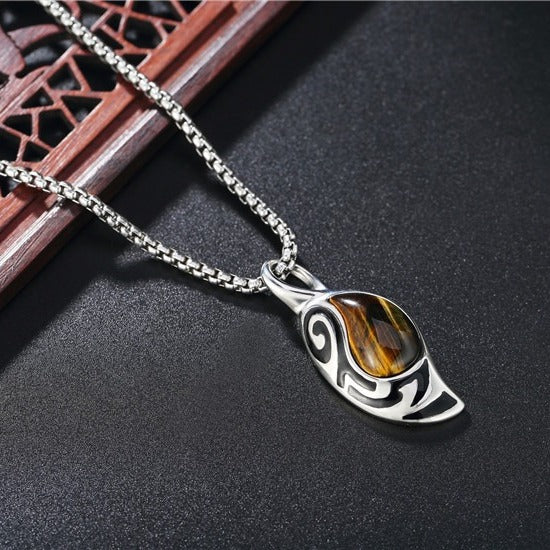 Kemstone Titanium Steel Tiger Eye Stone Pendant Necklace for Men Silver P0556