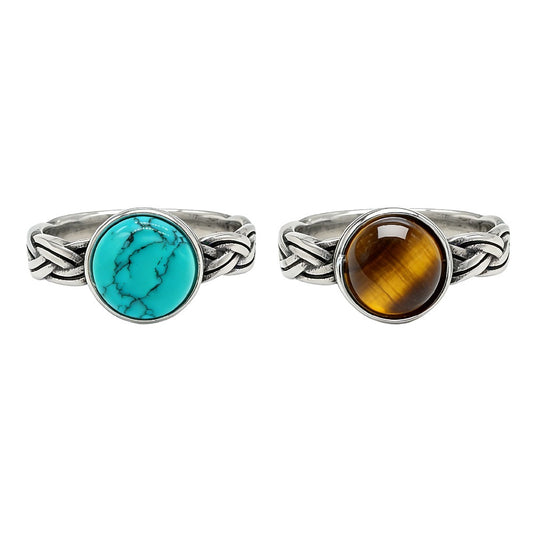 Kemstone Stone Ring for Men Women Tiger Eye Turquoise Round Titanium Steel Braided R1986