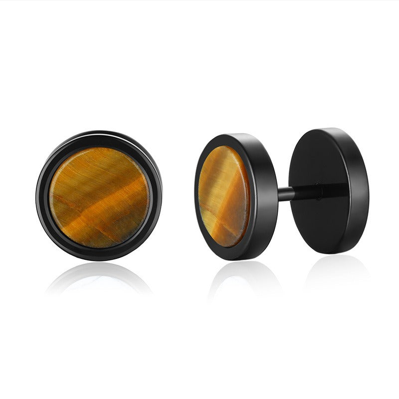 Kemstone Stud Earrings for Men Stainless Steel Round Stone Detail Black ES-302