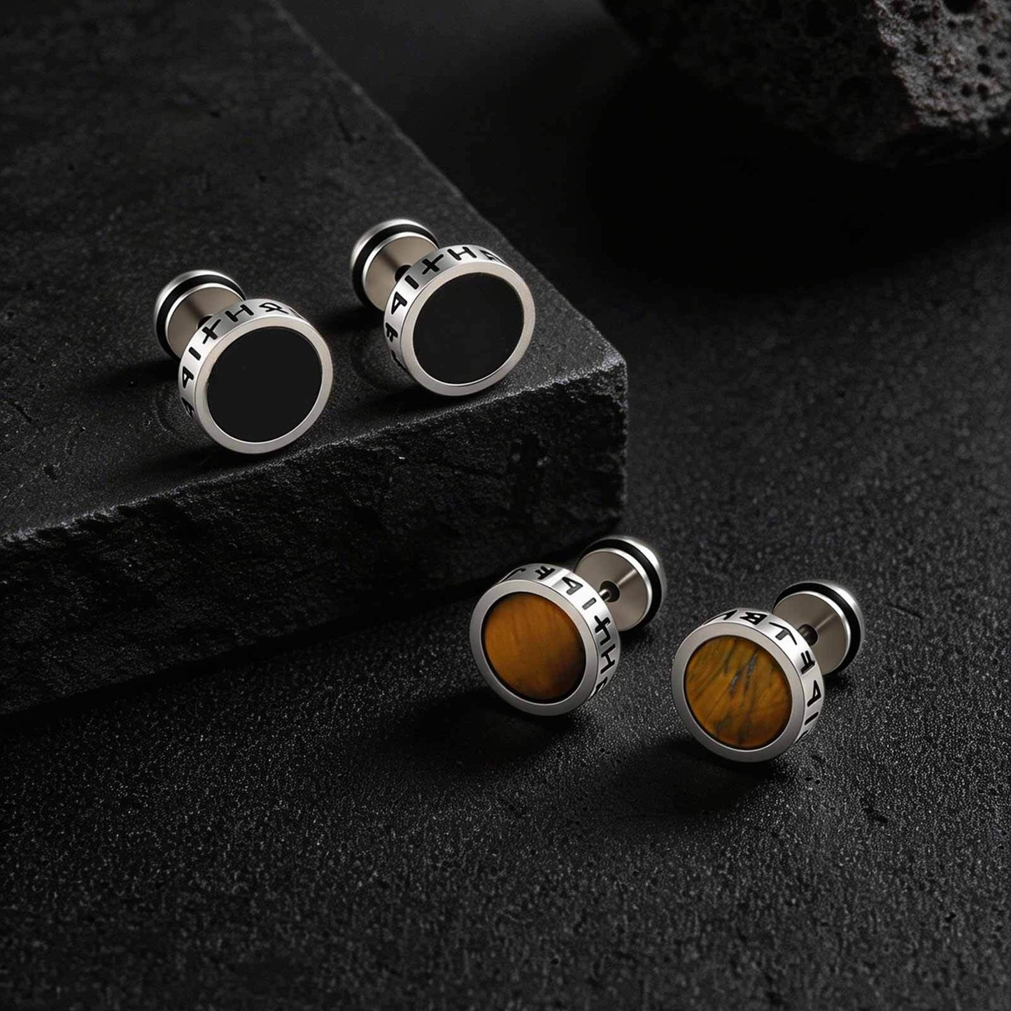 Kemstone Stainless Steel Tiger Eye Stud Earrings – Round Rune Edge Design for Men ES-784