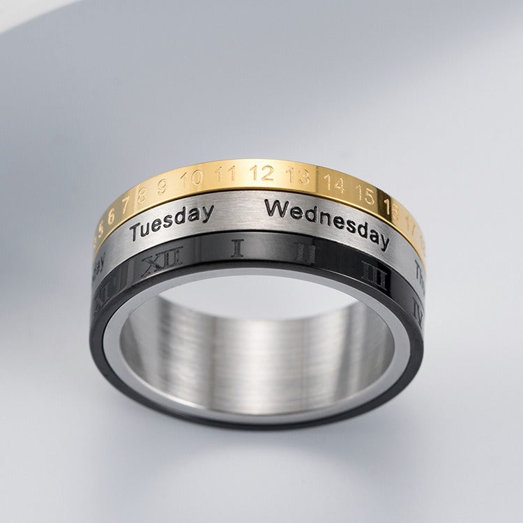 Kemstone Stainless Steel Calendar Ring for Men Roman Numeral Spinner Band K-R076