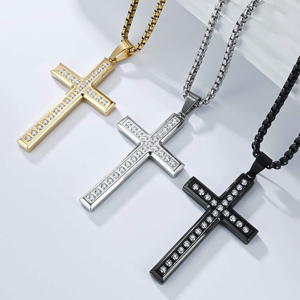 Kemstone Titanium Steel Cross Necklace for Men Women – Minimalist CZ Pendant, Modern Jewelry K-PT668