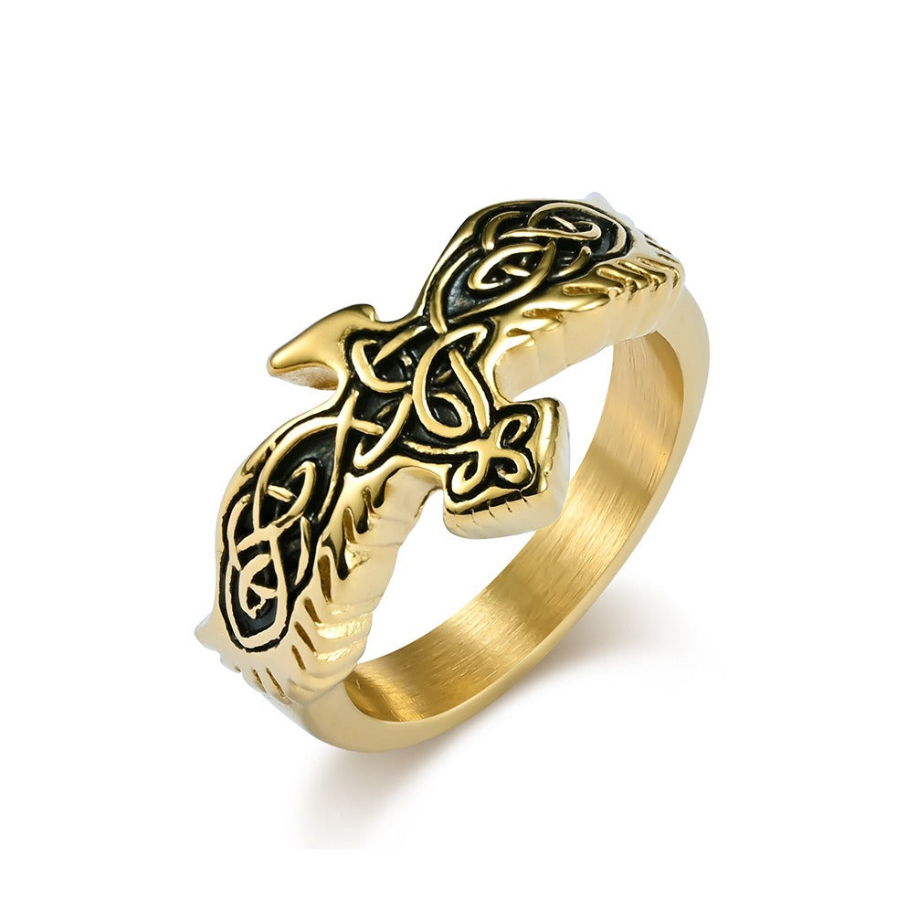 Kemstone Titanium Steel Celtic Eagle Knot Ring for Men, Vintage Symbolic Band, Silver/Gold/Black K-R718