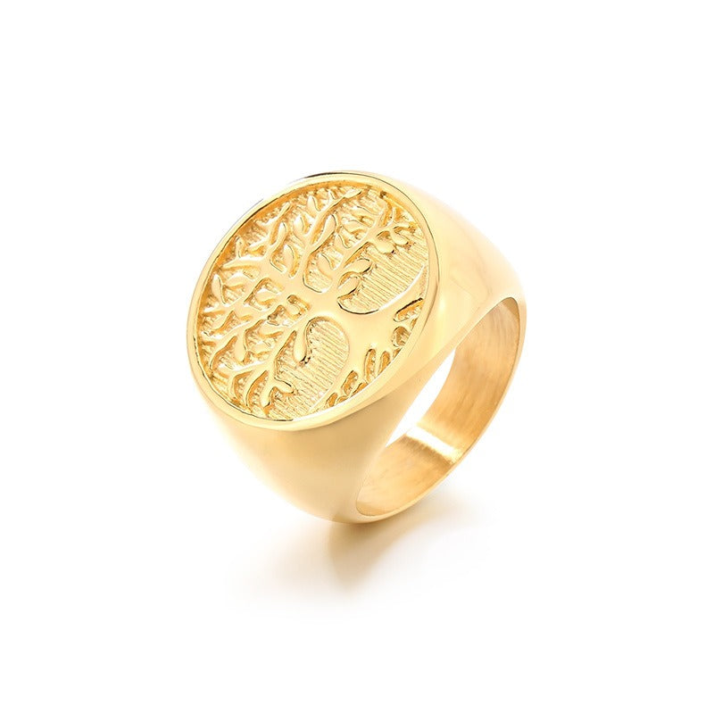 Kemstone Men’s Titanium Steel Tree of Life Ring – Vintage Signet Band K-R112702