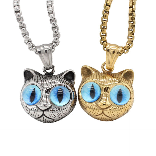 Kemston Blue Eyed Cat Pendant Necklace for Men Titanium Steel Vintage P1458