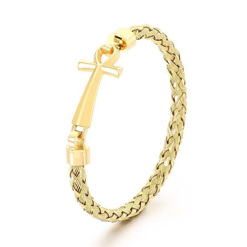 Kemstone Titanium Steel Braided Cuff Bracelet for Men Ankh Cross Clasp Gold Silver KB212793-KFC