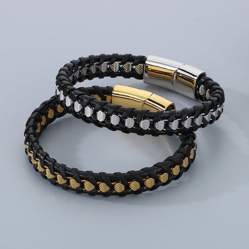Kemstone Titanium Steel Braided Leather Strap Bracelet for Men Hip Hop Streetwear KB179967-YA