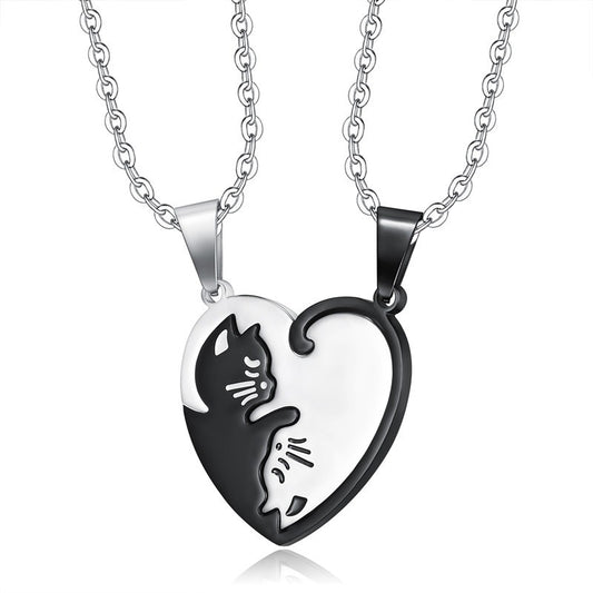 Kemston Titanium Steel Cat Couple Necklace Black White Heart 55cm TN0197
