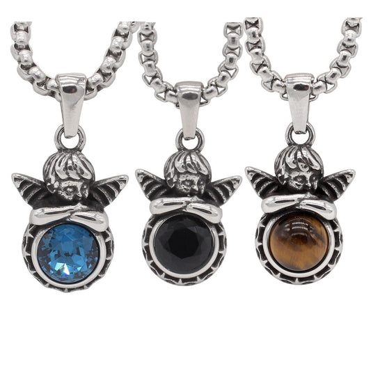 Kemstone Titanium Steel Cherub Pendant Necklace for Men & Women Vintage Stone Charm P1456