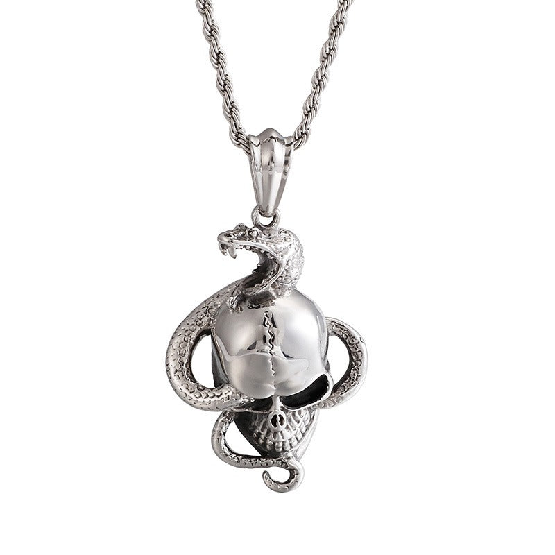 Kemstone Coiled Snake Skull Necklace for Men Titanium Steel Punk KP80014-BD