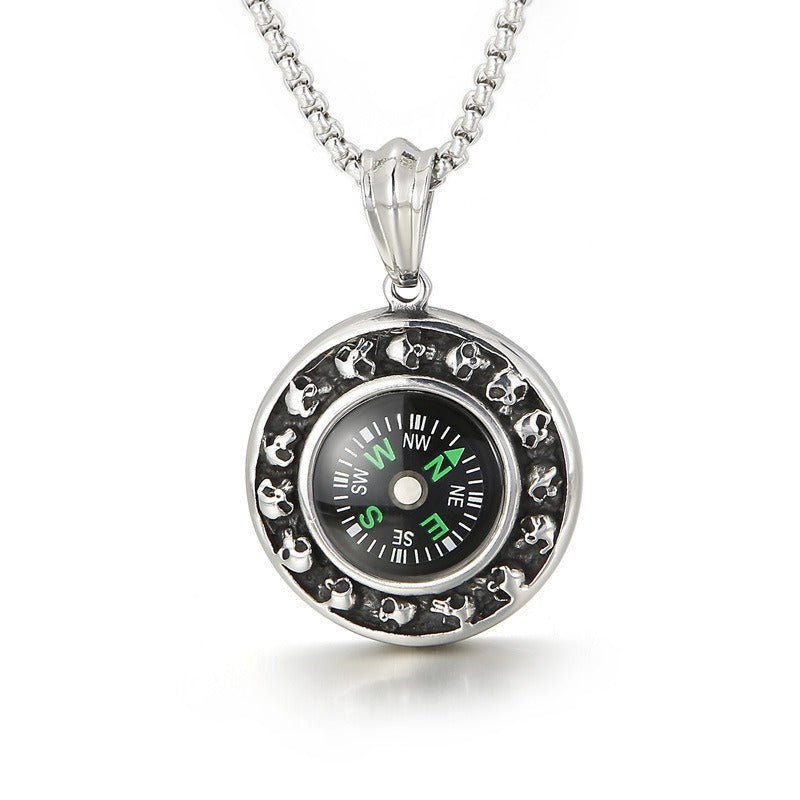 Kemstone Titanium Steel Compass Skull Pendant Necklace for Men Vintage Round Design KP55736-BD