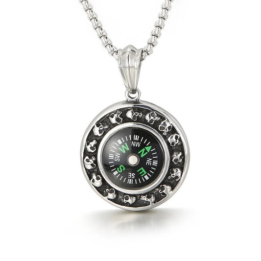 Kemstone Titanium Steel Compass Skull Pendant Necklace for Men Vintage Round Design KP55736-BD