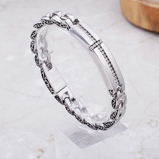 Kemstone Titanium Steel Cross Bracelet for Men Cubic Zirconia Cuban Link KB102755-BD