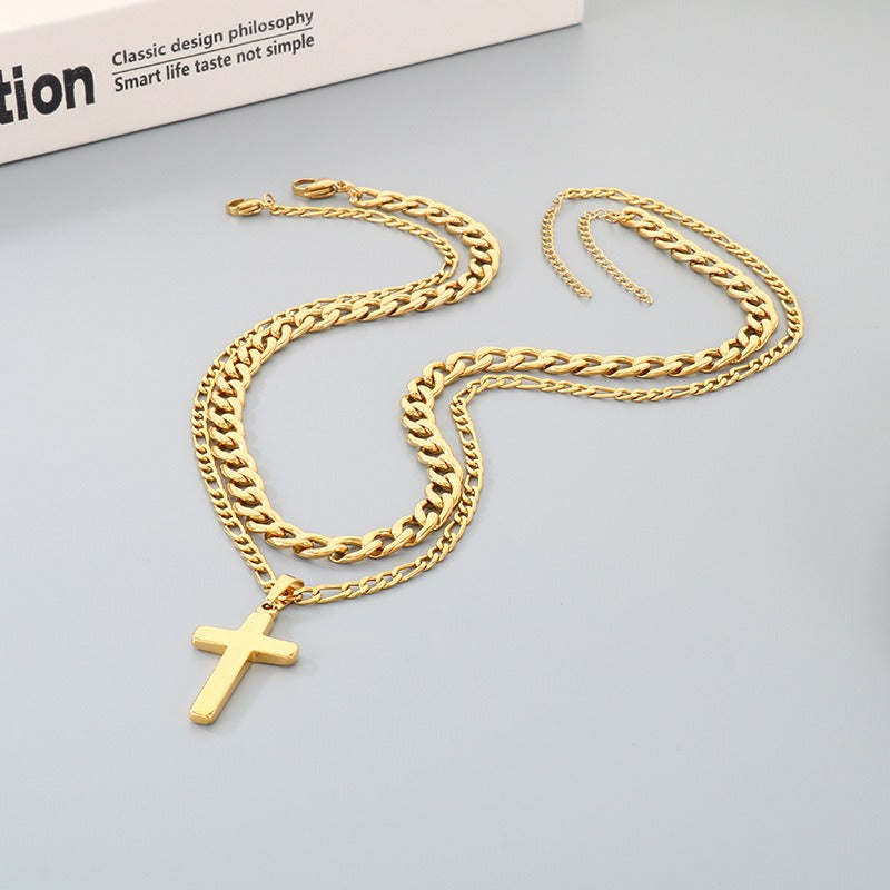 Kemstone Stainless Steel Cross Pendant Necklace for Men Layered NK Chain KN292217-Z