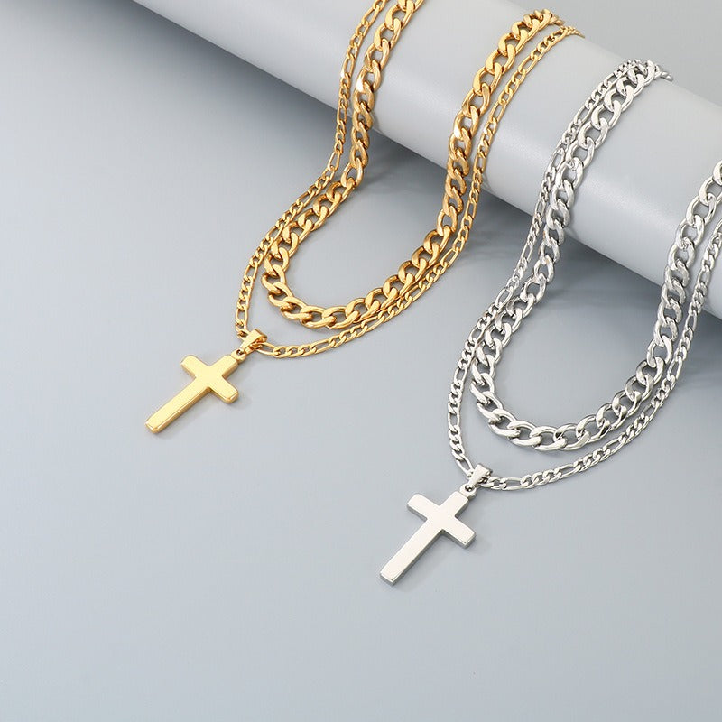 Kemstone Stainless Steel Cross Pendant Necklace for Men Layered NK Chain KN292217-Z