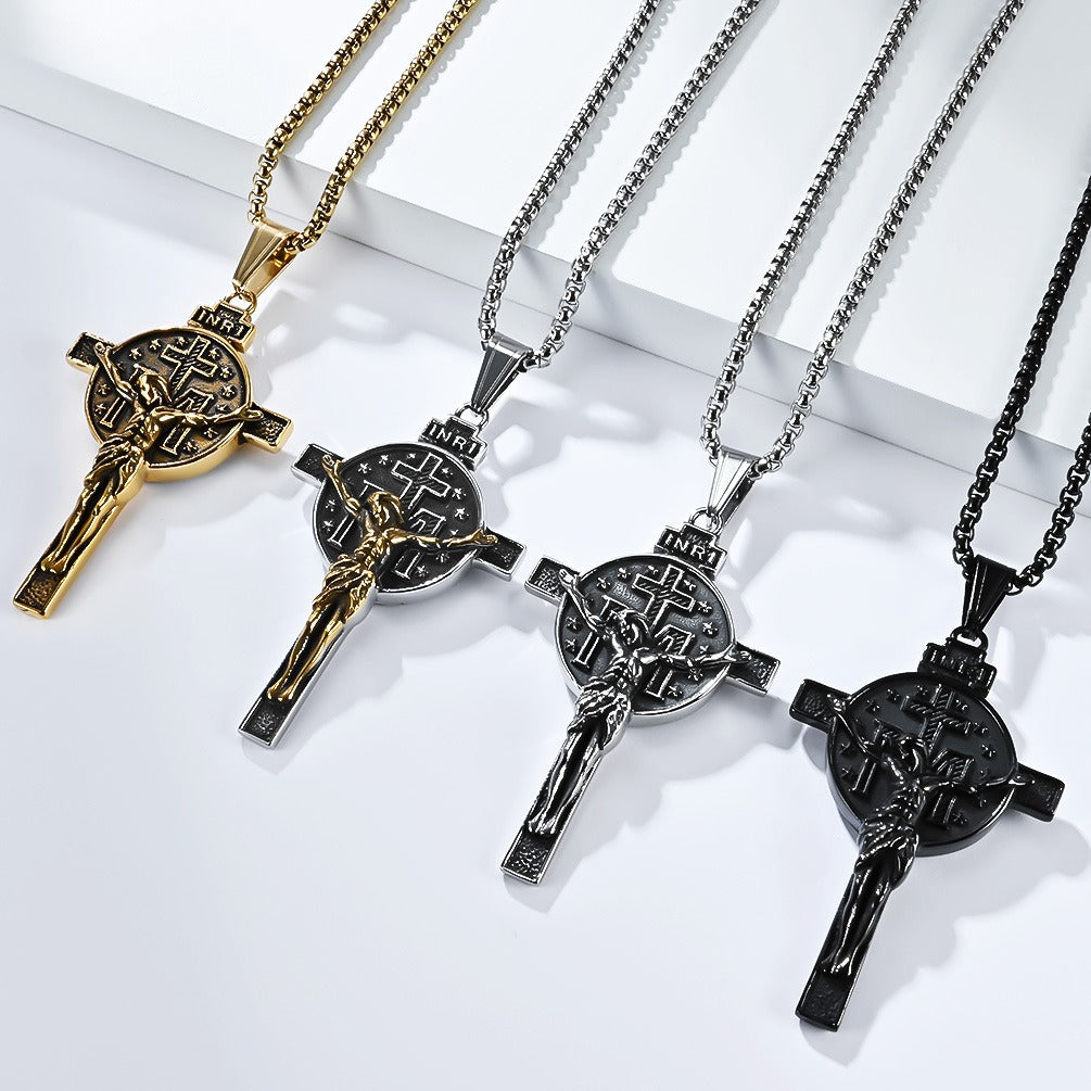 Kemstone Men’s Titanium Steel Cross Necklace – Vintage Relief Pendant K-PT641