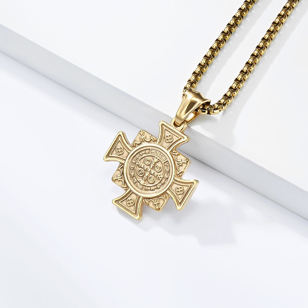 Kemstone Titanium Steel Cross Pendant Necklace for Men Vintage Engraved Medallion Silver Gold Black K-PT710