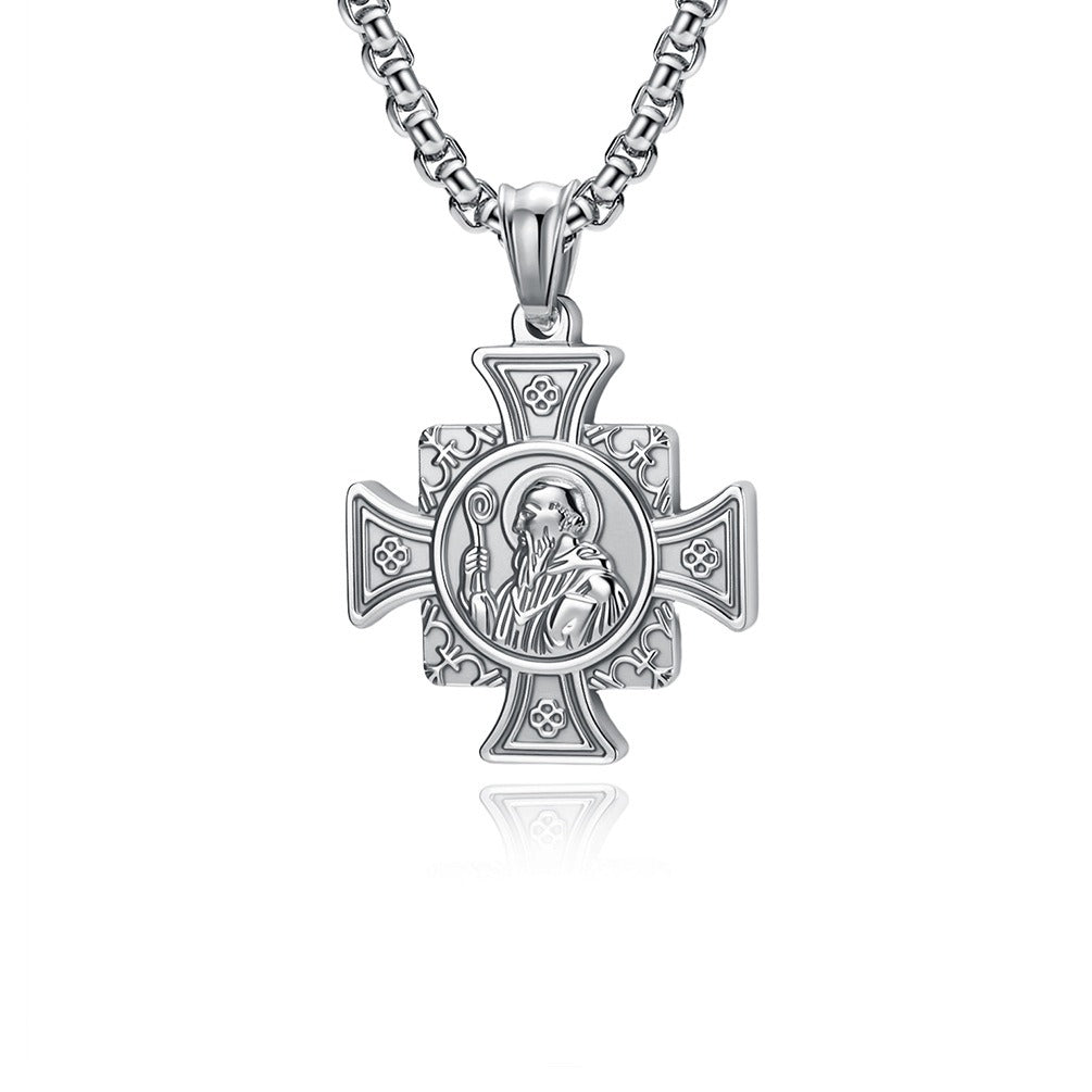 Kemstone Titanium Steel Cross Pendant Necklace for Men Vintage Engraved Medallion Silver Gold Black K-PT710
