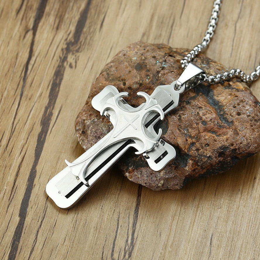 Kemston Titanium Steel Layered Cross Pendant Necklace for Men Vintage Style PN-097