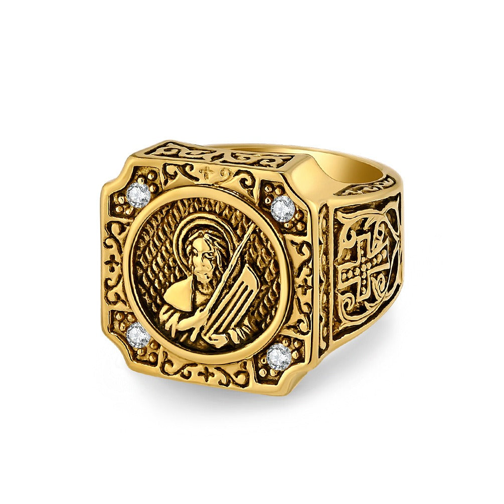 Kemstone Titanium Steel Cross Portrait Signet Ring for Men K-R870