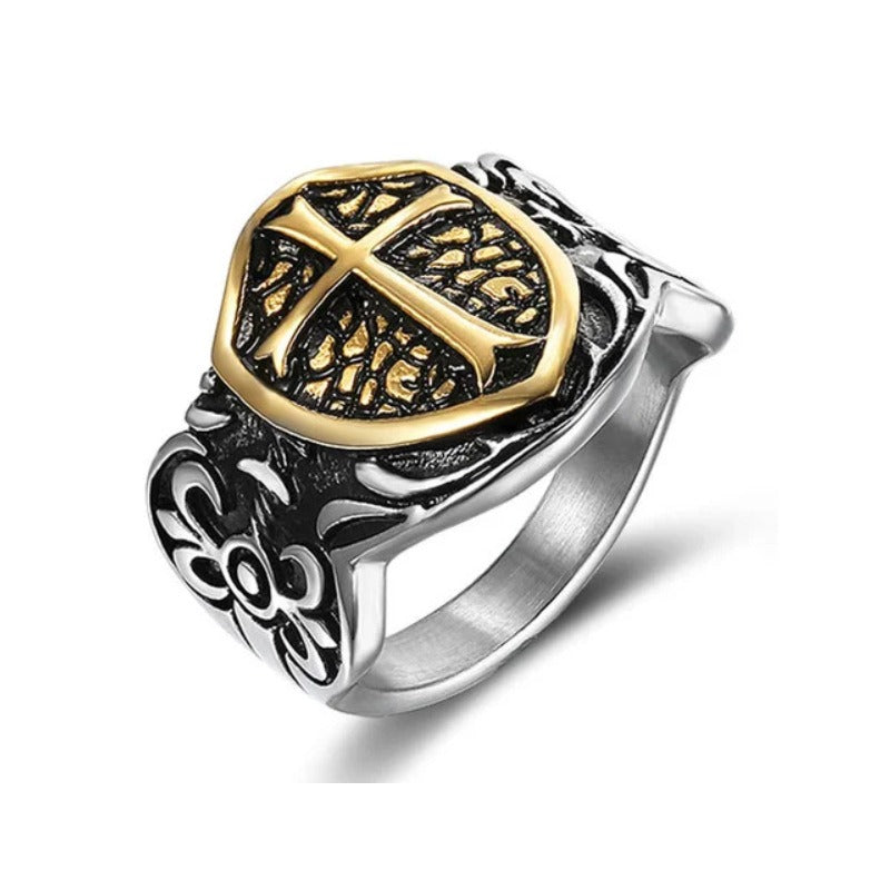 Kemston Titanium Steel Cross Shield Ring for Men Gothic TR0123
