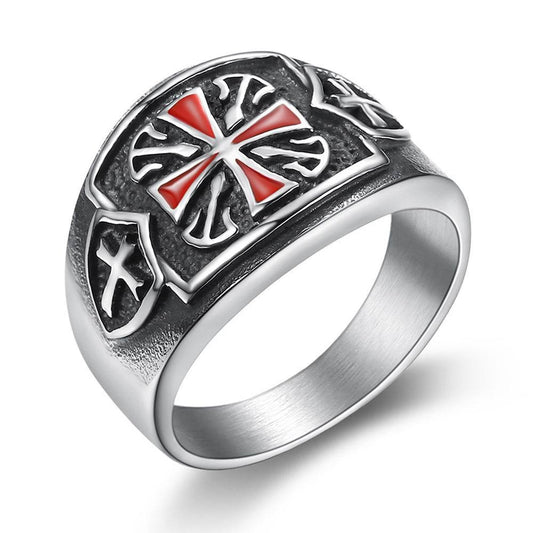 Kemstone Titanium Steel Cross Signet Ring for Men Red Accent TR0075