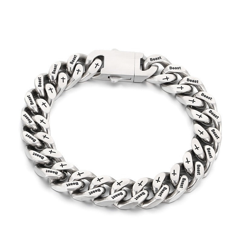 Kemstone Cuban Link Bracelet for Men Titanium Steel Cross Engraved Wide Chain Heavy Chunky Silver KB211839-ZCG