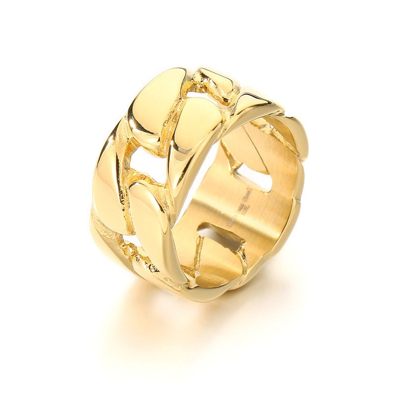 Kemstone Titanium Steel Cuban Link Ring – Wide Hollow Band for Men KR112494-KJX