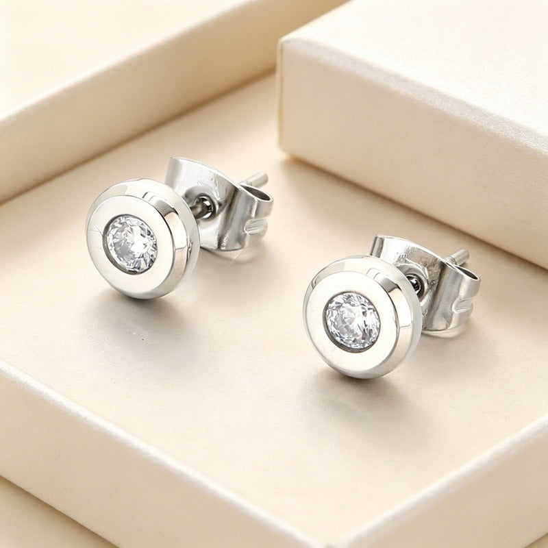 Kemstone Titanium Steel Round Cubic Zirconia Stud Earrings for Men & Women KE123975-GC