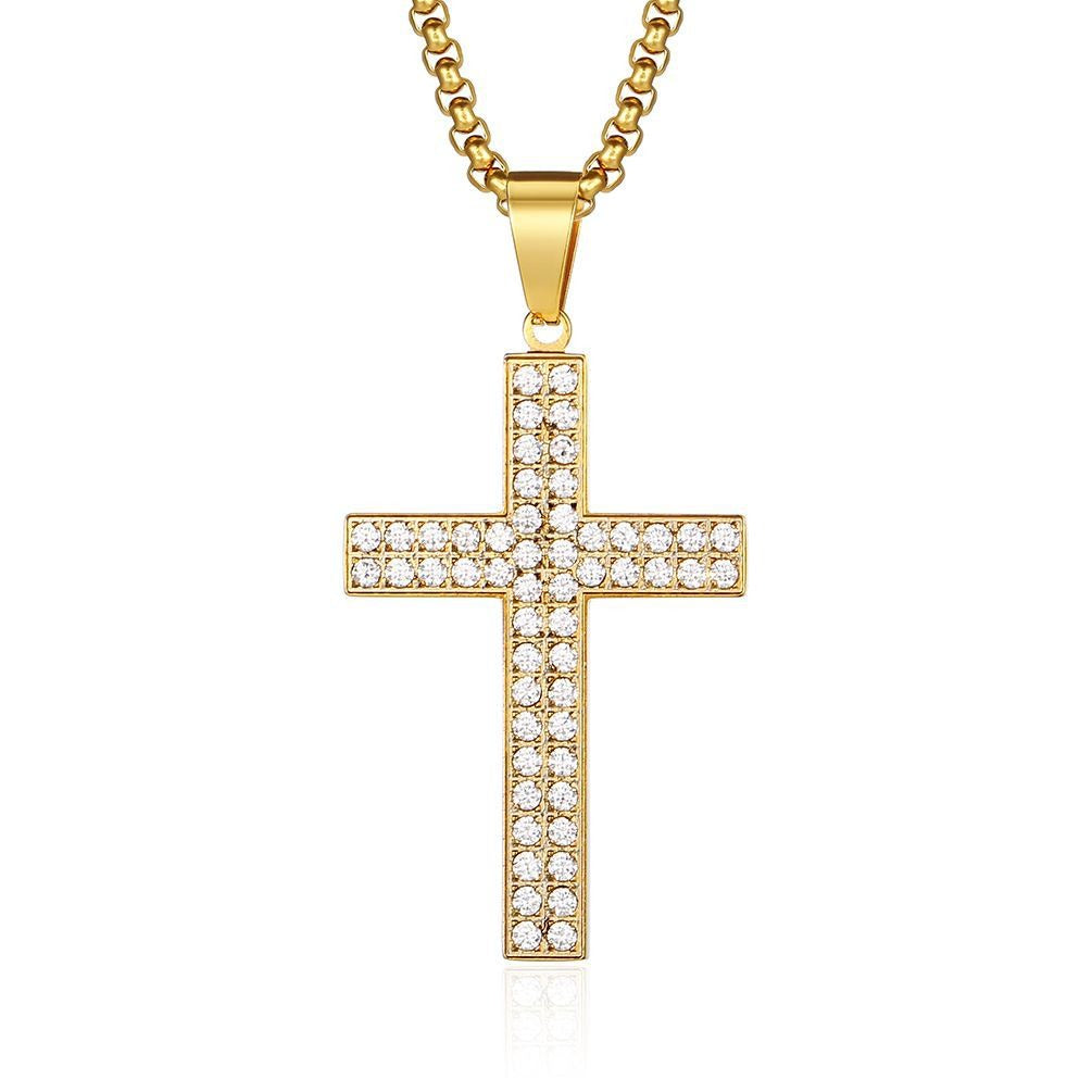 Kemstone Titanium Steel CZ Cross Necklace – Full Pave Cubic Zirconia Pendant for Men & Women K-PT477
