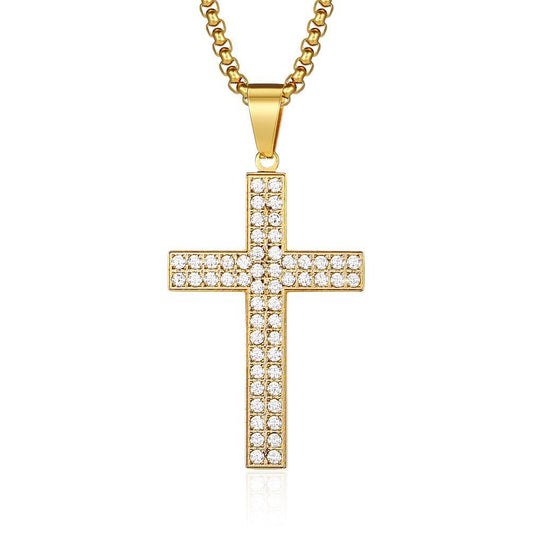 Kemstone Titanium Steel CZ Cross Necklace – Full Pave Cubic Zirconia Pendant for Men & Women K-PT477