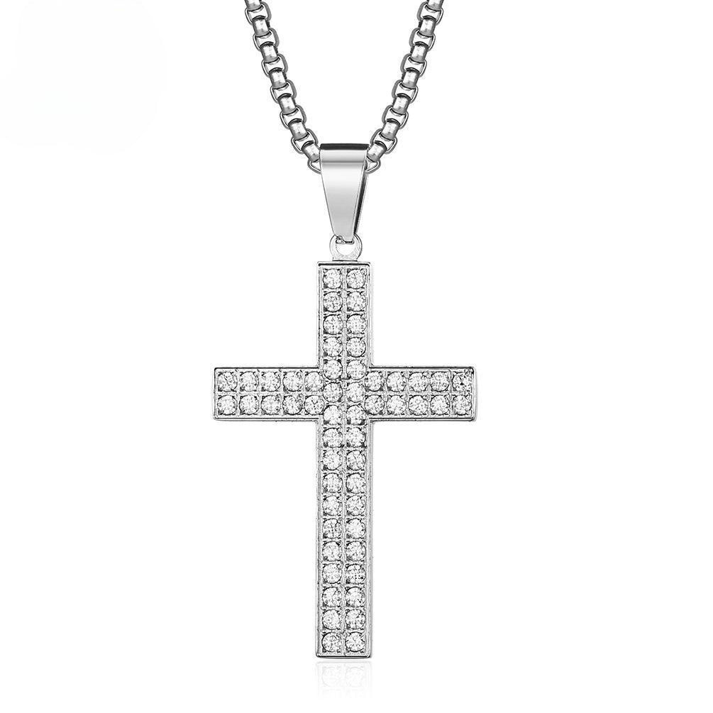 Kemstone Titanium Steel CZ Cross Necklace – Full Pave Cubic Zirconia Pendant for Men & Women K-PT477