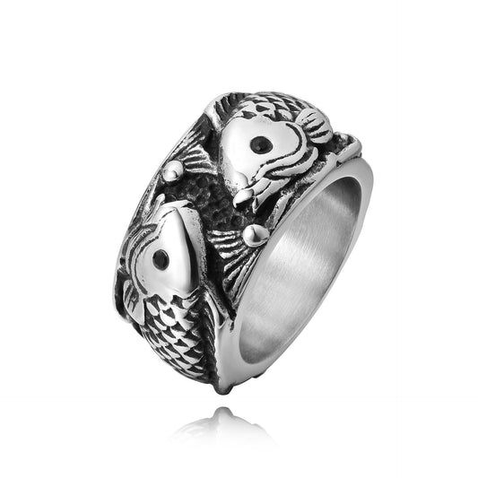Kemston Titanium Steel Double Koi Fish Ring for Men Vintage R1375