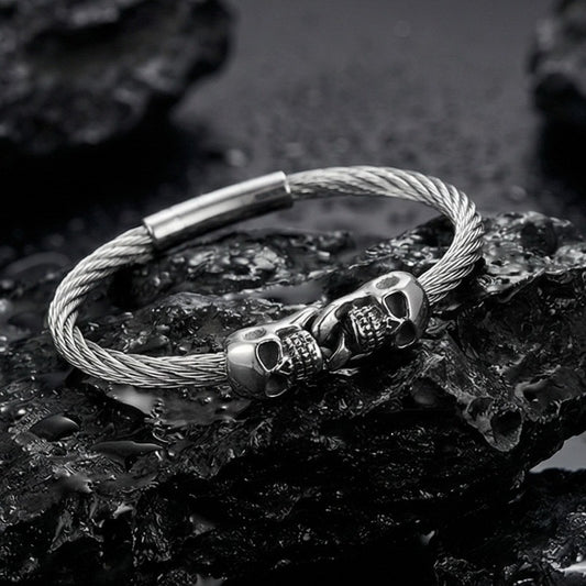 Kemstone Titanium Steel Double Skull Cable Bracelet for Men KB86274-BD