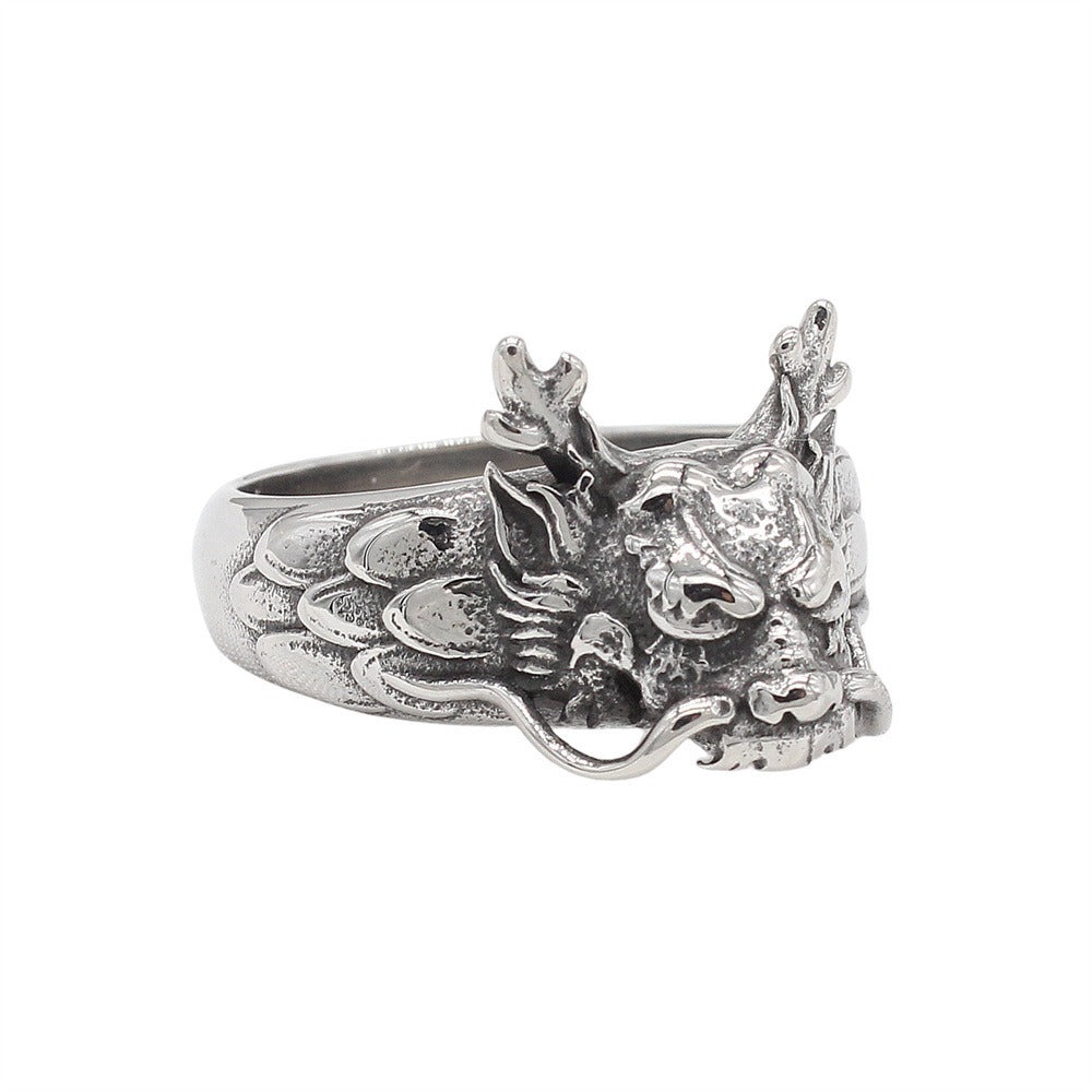 Kemstone Vintage Dragon Head Ring Titanium Steel Textured Band for Men R1871