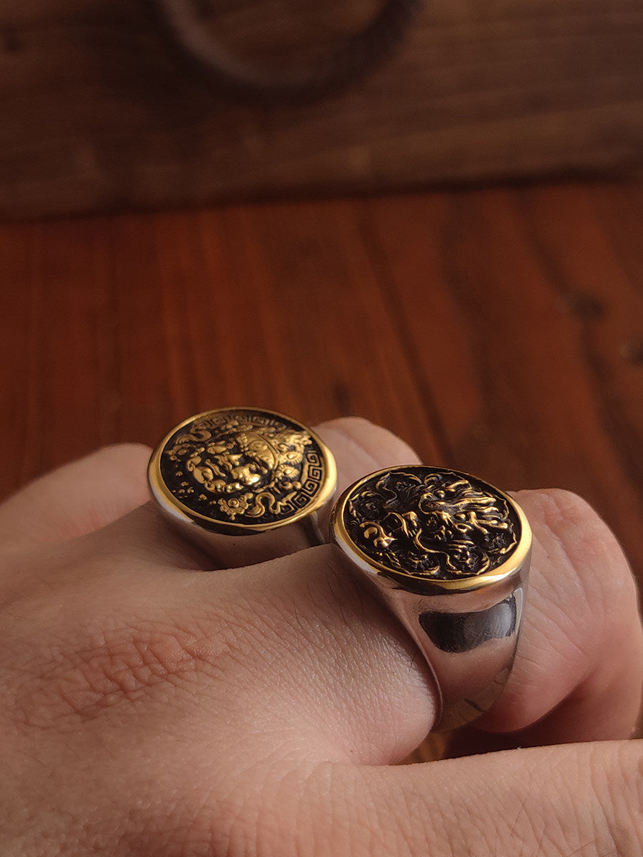 Kemstone Dragon Coin Signet Ring – Titanium Steel for Men NW-JZ238