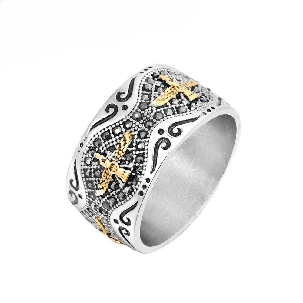 Kemston Titanium Steel Eagle Ring for Men Vintage Gold Detail Wide Band R0483