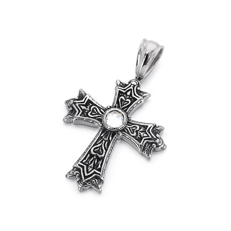 Kemstone Titanium Steel Gothic Cross Pendant Necklace for Men – Heart Cubic Zirconia KP115573-KJX