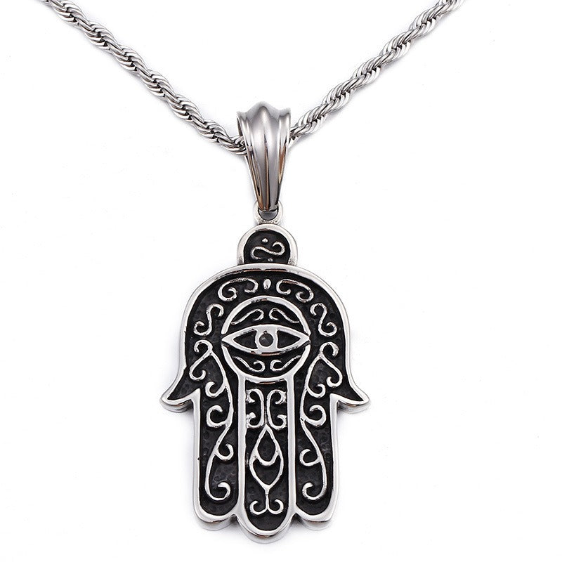 Kemstone Titanium Steel Hamsa Hand Mystic Eye Pendant Necklace for Men KP52755-BD