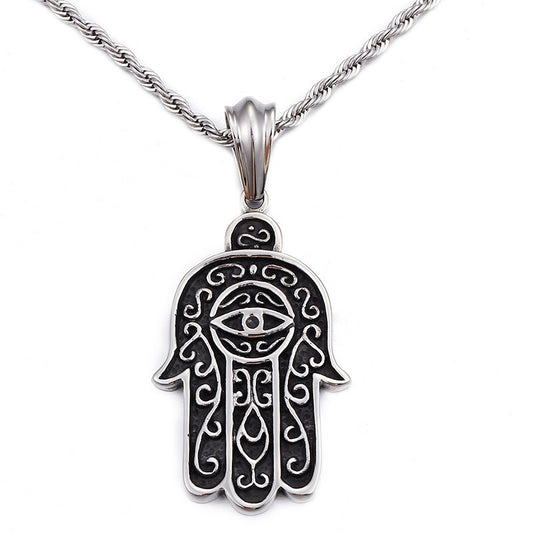 Kemstone Titanium Steel Hamsa Hand Mystic Eye Pendant Necklace for Men KP52755-BD
