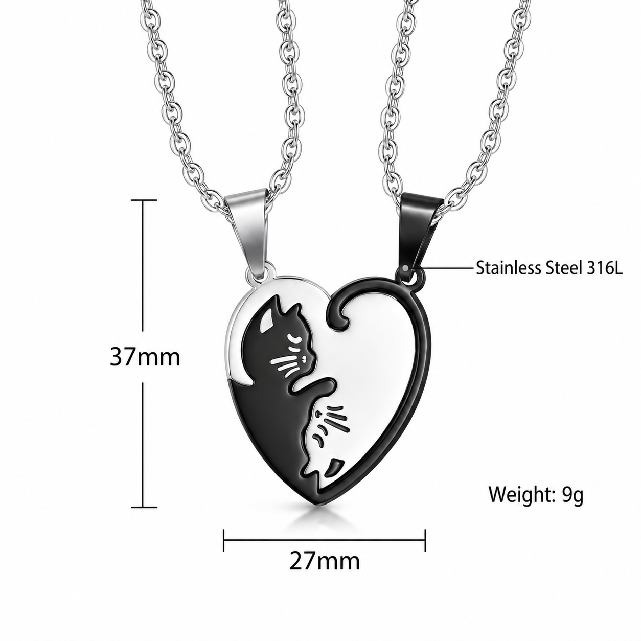Kemston Titanium Steel Cat Couple Necklace Black White Heart 55cm TN0197