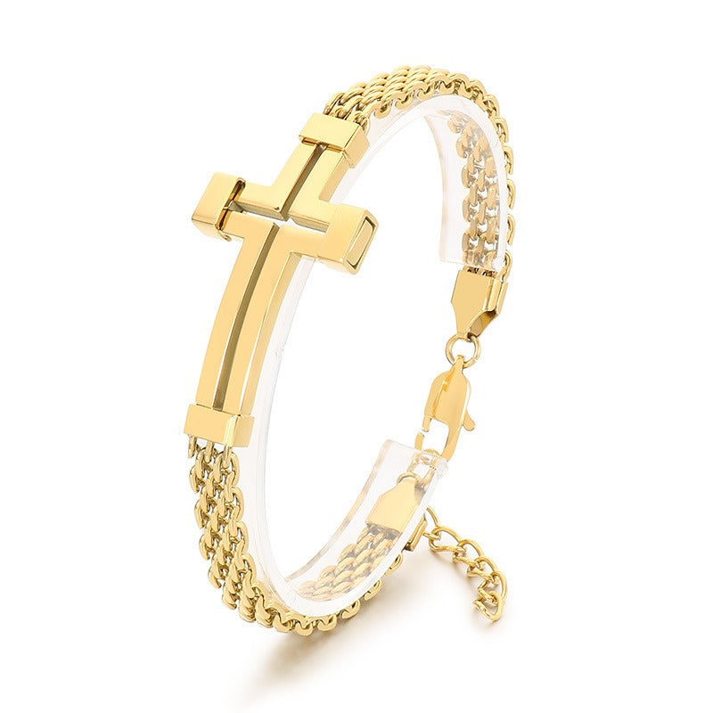 Kemstone Titanium Steel Hollow Curved Cross Bracelet for Men Adjustable Double Chain Gold Silver Black KB212800-KFC