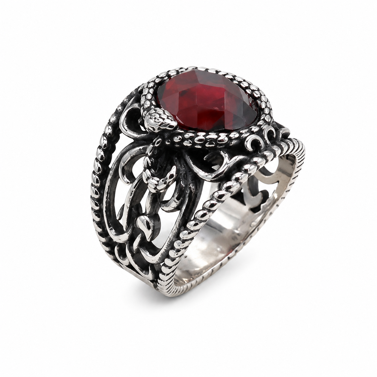Kemstone Vintage Stone Inlay Signet Ring for Men Titanium Steel Hollow Filigree Design R1672