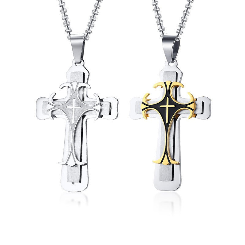 Kemston Titanium Steel Layered Cross Pendant Necklace for Men Vintage Style PN-097