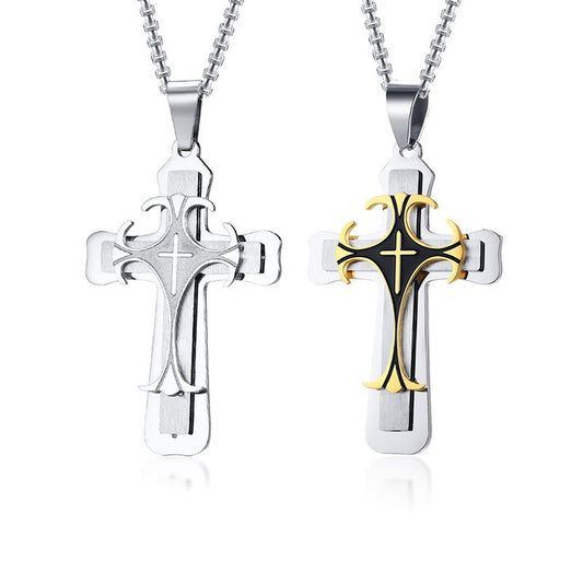 Kemston Titanium Steel Layered Cross Pendant Necklace for Men Vintage Style PN-097