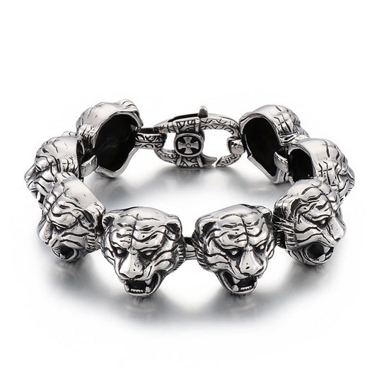 Kemstone Titanium Steel Lion Head Bracelet – Cross Clasp Heavy Chain For Men KB152597-KJX